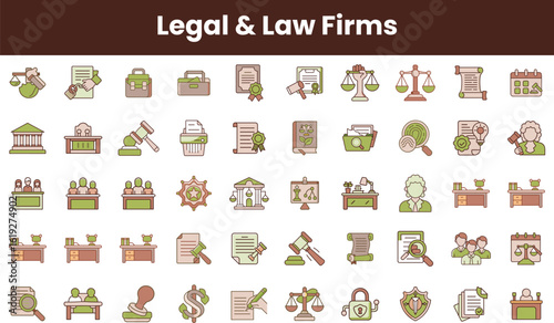 A colorful collection of legal-themed icons representing various aspects of law firms, including scales of justice, gavel, documents, and law professionals.