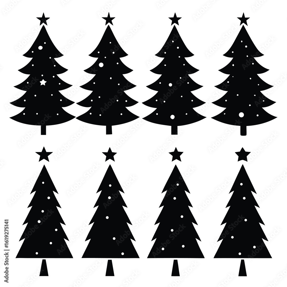 Obraz premium Twelve black silhouette Christmas trees with white dots and stars