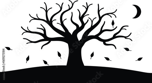 Silhouette illustration of bare tree with falling leaves and crescent moon at nighttime depicting autumnal theme or seasonality