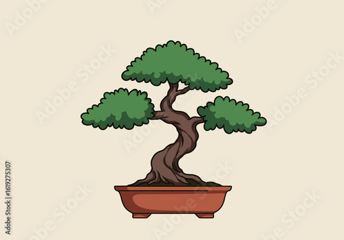 Vector illustration of a miniature Japanese bonsai tree in a traditional pot. A symbol of horticulture, Zen philosophy, and peaceful harmony.