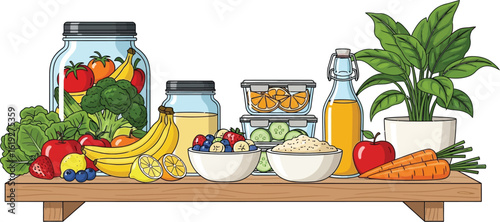 Fresh vibrant produce and healthy foods arranged attractively on a shelf