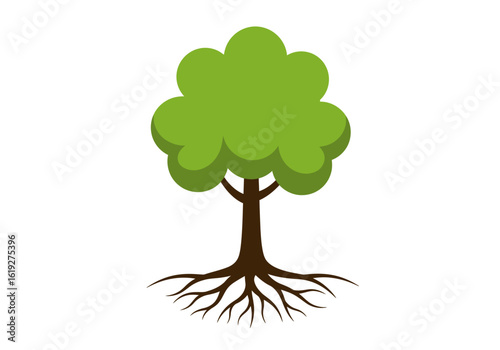 Flat design illustration of a simple green tree with a strong, visible root system. A symbol of nature, growth, and ecology.