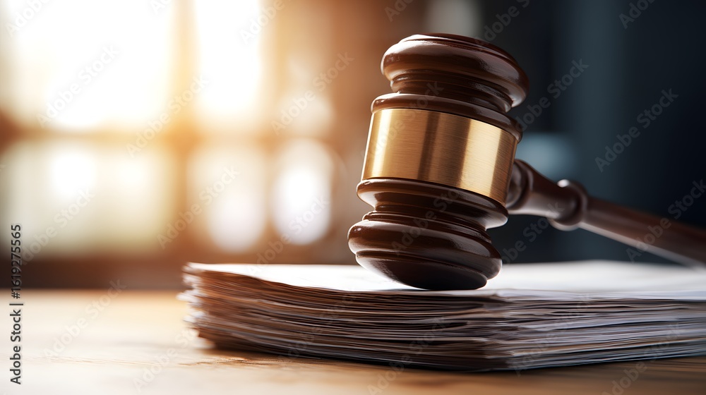 Obraz premium Wooden gavel resting on a stack of documents.