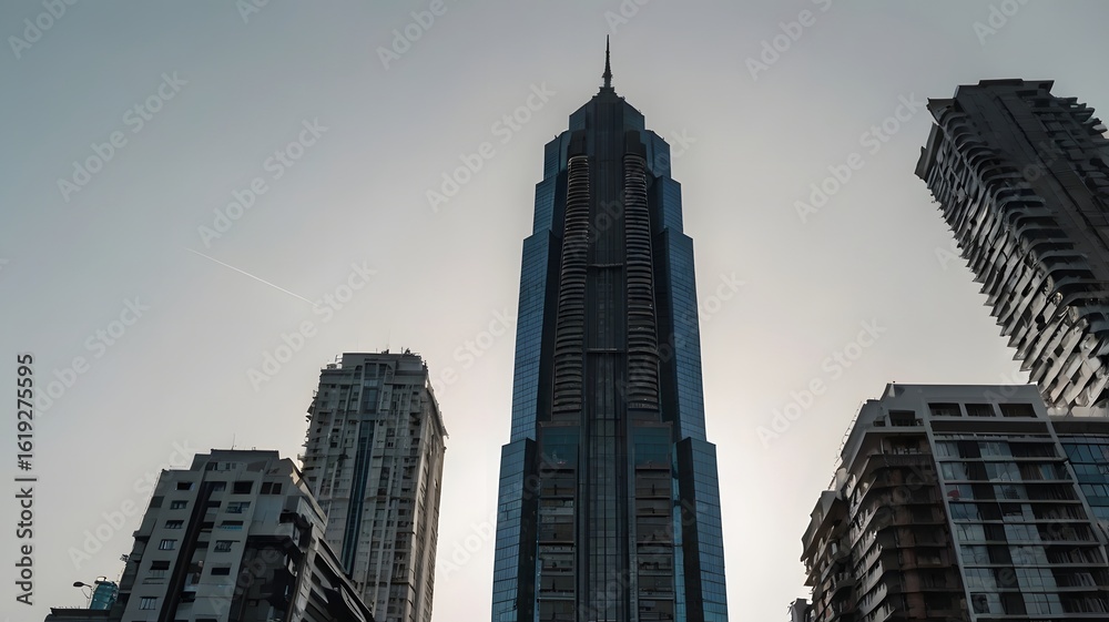 Fototapeta premium Tall Modern Skyscraper Tower in Cityscape Surrounded by High-rise Buildings