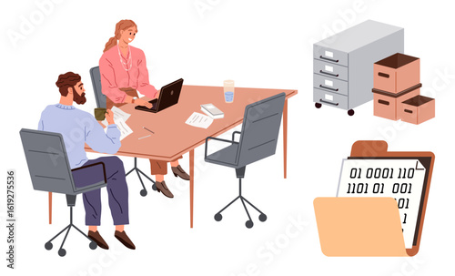 Two colleagues working together at a desk with laptops and papers, surrounded by filing cabinets and digital file icons. Ideal for teamwork, data management, organization, collaboration, technology