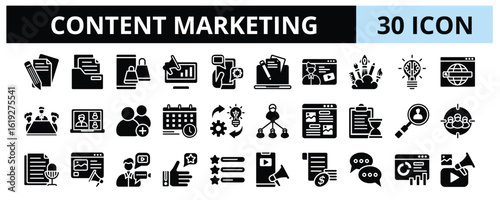 30 Content Marketing Glyph Icons Vector - writing, creativity, idea, affiliate marketing, content creator, storytelling, rating, analytics, video, target audience