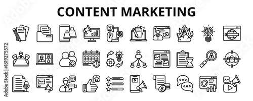 30 Content Marketing Line Icons Vector - writing, creativity, idea, affiliate marketing, content creator, storytelling, rating, analytics, video, target audience