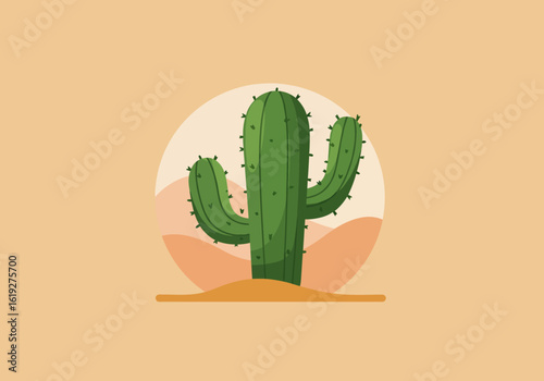 Flat design illustration of a saguaro cactus in a desert landscape with a circular background.