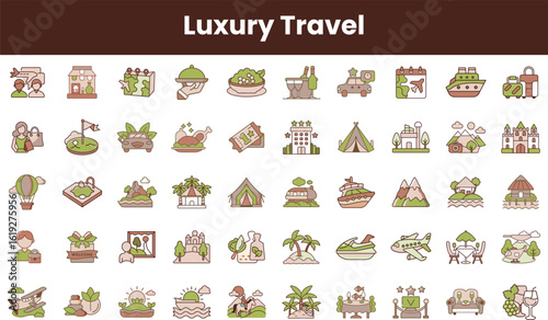A collection of luxury travel icons featuring diverse activities: fine dining, scenic getaways, and adventure, all illustrated in soft colors for a modern, elegant vibe.