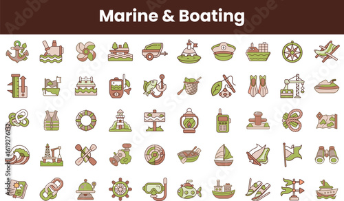 A collection of marine and boating icons, featuring various nautical elements such as boats, anchors, and fishing gear, in earthy tones for a modern design.