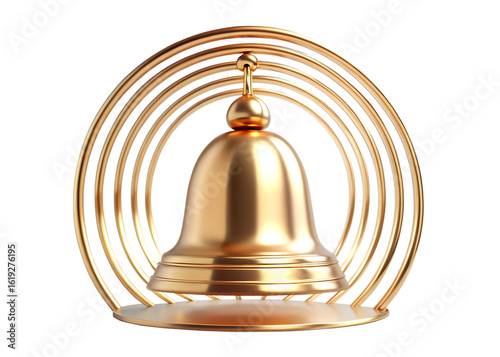 Golden bell with arching metal frame on black background