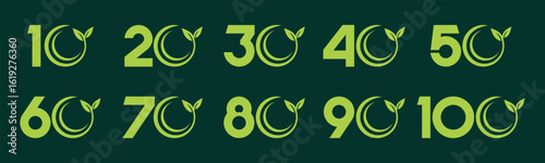 Set of collection numbers 10 to 100 with nature leaf vector illustration. Leaves with numbers 10, 20, 30, 40, 50, 60, 70, 80, 90, 100 for greetings, anniversary, discounts and more.