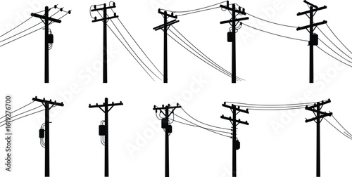 Electric utility pole silhouette vector set, black power line illustrations, cable structure design, transmission pole clipart, urban infrastructure elements collection