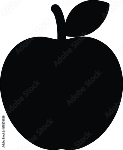 Black silhouette of an apple with a stem and leaf on a white background fruit