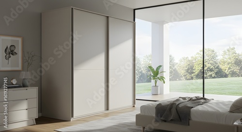 Modern Bedroom Interior with Sliding Door Wardrobe and Natural Light