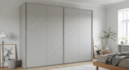 Modern Bedroom Interior with Sliding Wardrobe, Minimalist Design