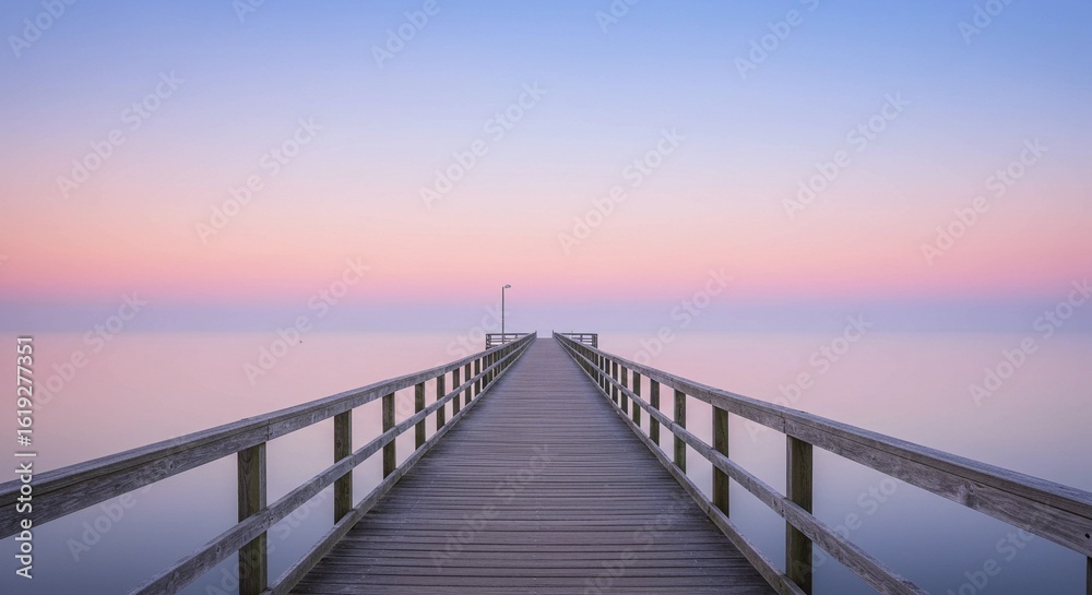 Obraz premium A long pier stretching into a misty sea at dawn, surrounded by soft pastel tones