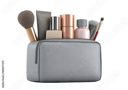 Gray makeup bag filled with various cosmetic products.  Brushes, tubes, and bottles of different shades of beige, gray, and pink.  A zippered, light gray cosmetic case