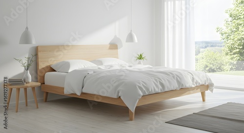 Modern Bedroom Interior with Wooden Bed and Natural Light