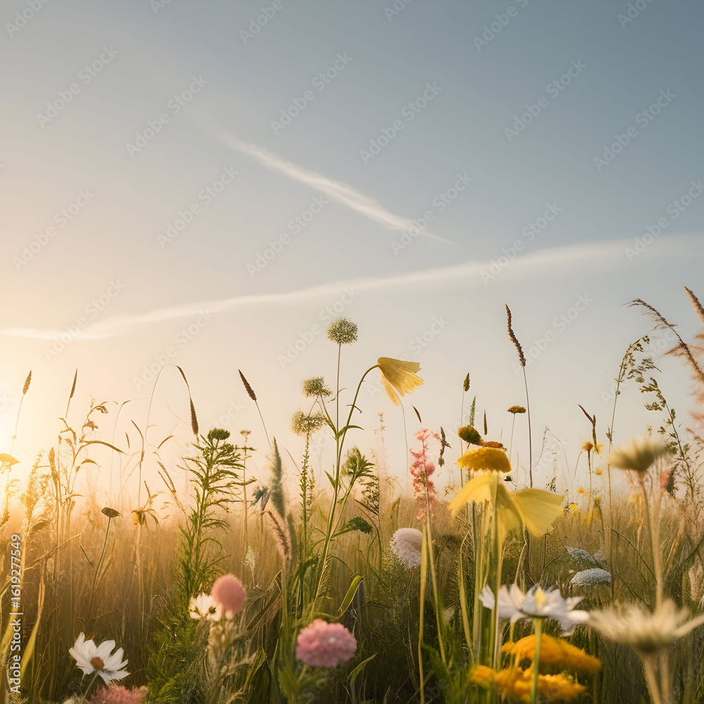 Fototapeta premium A serene and idyllic meadow scene bathed