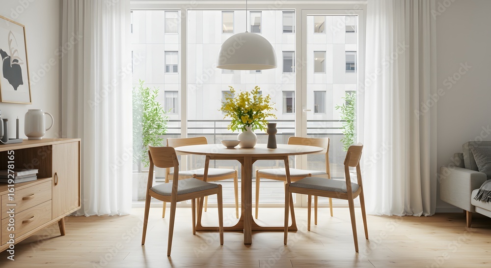 Fototapeta premium Modern Dining Room Interior with Table, Chairs, and Large Windows