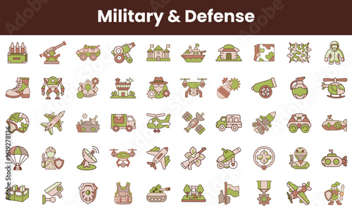 A vibrant collection of military and defense icons, showcasing various equipment and vehicles in a playful, colorful style.