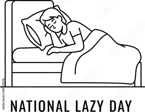 Illustration of a person sleeping in bed for national lazy day the design features a simple line drawing of a man resting comfortably a pillow under a blanket