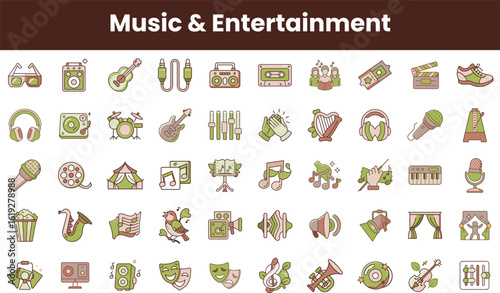 A vibrant collection of musical icons representing various forms of entertainment, featuring instruments, microphones, and performance symbols in a playful and colorful design.