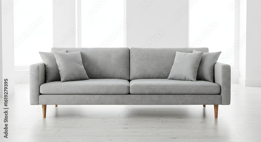Fototapeta premium Modern Gray Sofa in Bright White Living Room