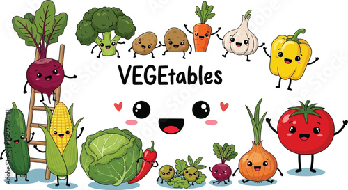Happy cartoon vegetables celebrate healthy eating and vibrant fun