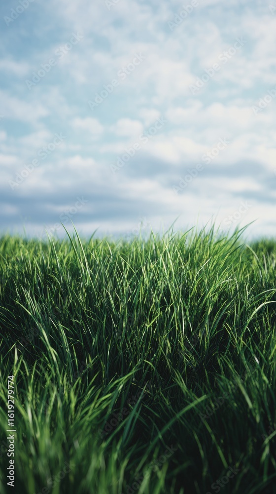 Obraz premium Lush Green Grass Field Under Cloudy Sky
