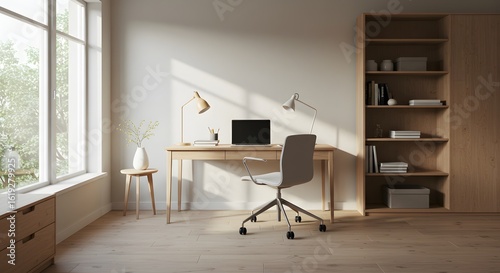 Modern Home Office Interior with Laptop, Desk and Natural Light