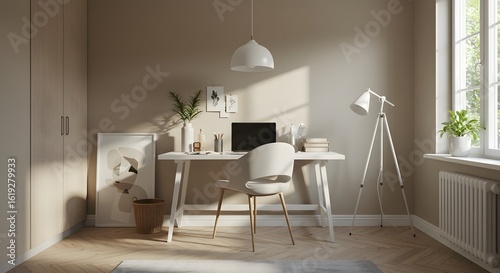 Modern Home Office Interior with Laptop, Desk, and Natural Light