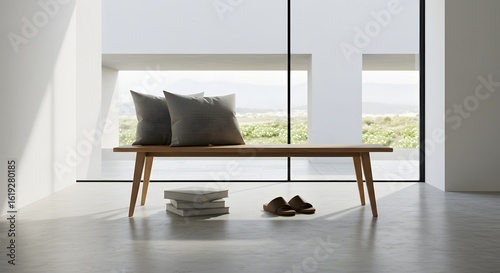 Modern Interior Design: Bench with Pillows, Books, and Slippers by Large Window