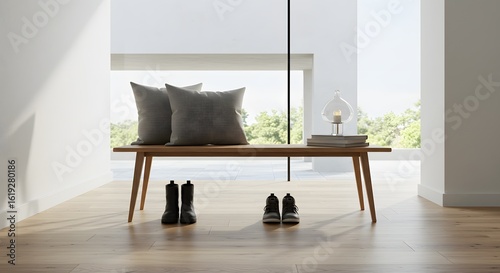 Modern Interior Design: Bench with Pillows, Lamp, and Shoes