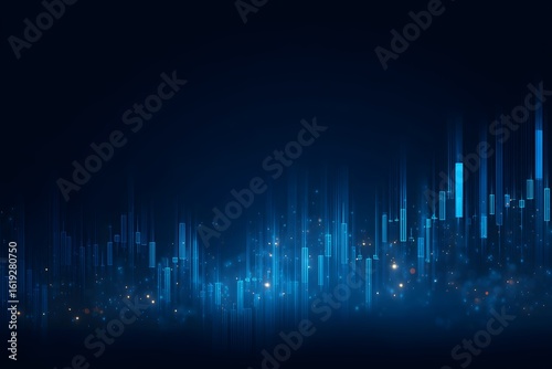 Blue stock market graph background with glowing lines and candlestick chart, financial data or business growth 