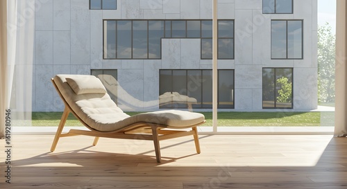 Modern Interior with Chaise Lounge and Architectural Facade
