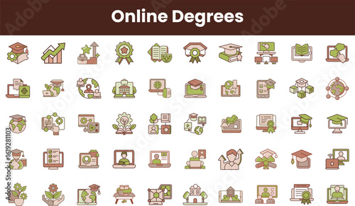 A vibrant collection of icons representing online degrees and education, showcasing various aspects of virtual learning and digital education.