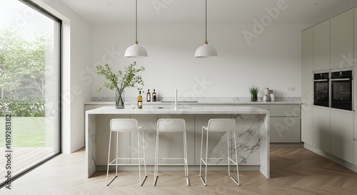 Modern Kitchen Interior with Island and Bar Stools