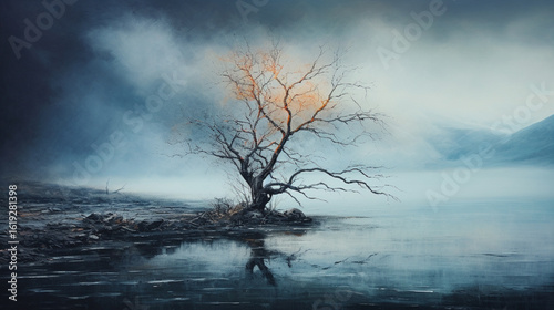 Generative Ai Illustration. Misty tree landscape. High quality photo