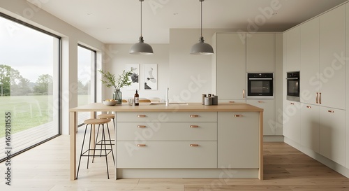 Modern Kitchen Interior with Island, Appliances, and Large Windows