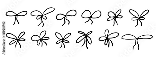 Crayon hand drawn bow set. Black doodled ribbon bows collection. Textured scribbled brush stroke elements pack for gift, present, package decoration. Sketched chalk pastel tied knots bundle. Vector