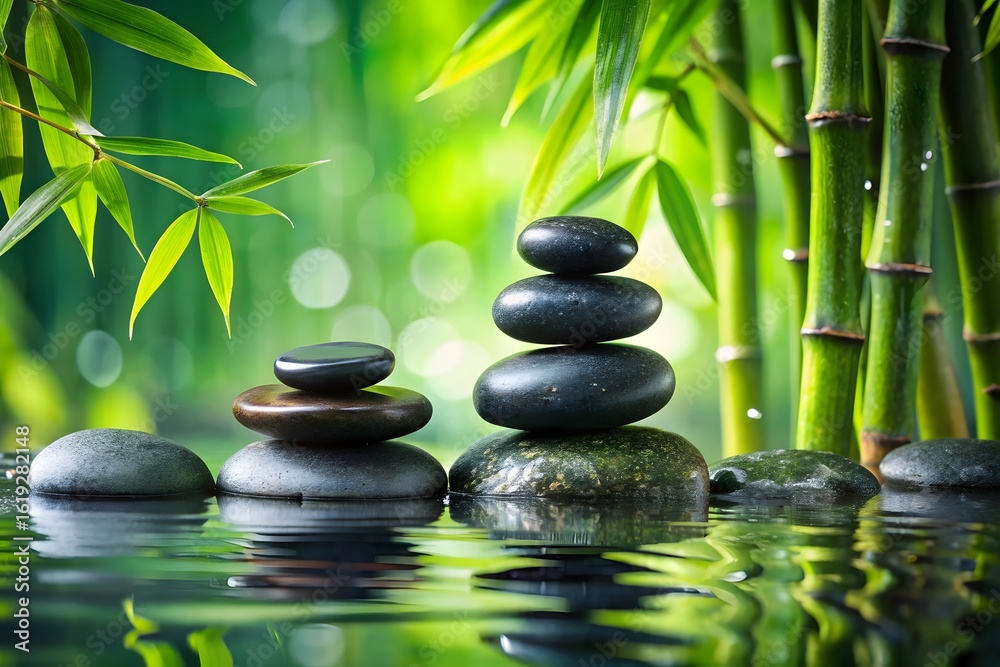 Naklejka premium Stacked smooth stones create a perfect balance in the tranquil water surrounded by lush green bamboo and soft natural light