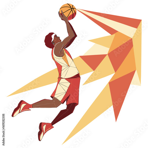 Vector art of a dynamic illustration of a basketball player in midair, about to shoot the ball with energetic geometric shapes radiating outwards