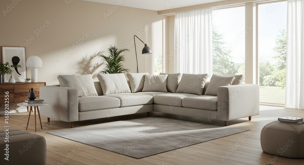 Fototapeta premium Modern Living Room Interior with Beige Sofa and Natural Light