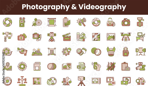 A colorful collection of photography and videography icons showcasing essential tools like cameras, tripods, and editing symbols in a modern design.