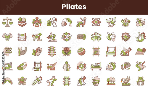 An array of Pilates icons showcasing various exercises and equipment, featuring soothing green and earthy tones that evoke a sense of calm and fitness.