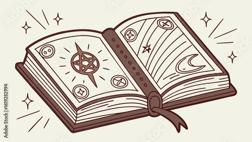 Open spell book with magic symbols for witchcraft and wicca practices and occult knowledge and rituals