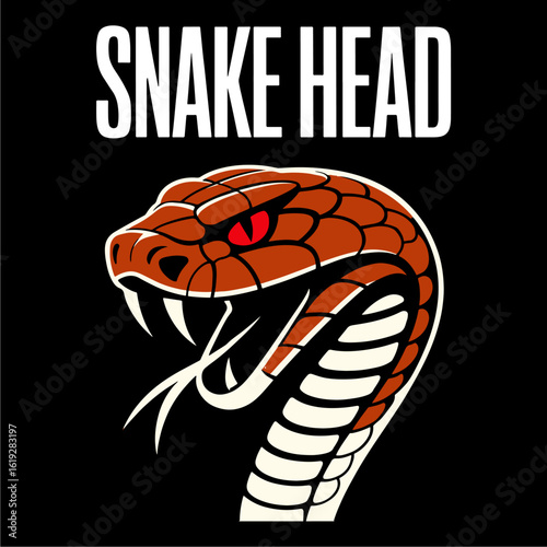 A graphic design featuring a snake's head, with the words 