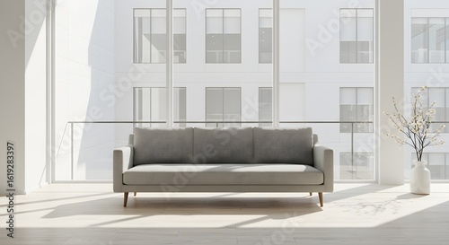 Modern Living Room Interior with Sofa and Large Windows